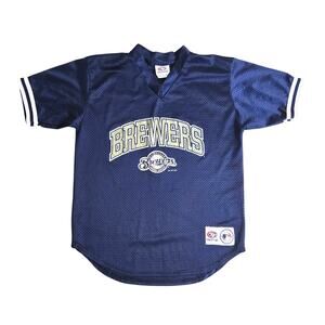 TRUEFAN MLB 90s Milwaukee Brewers Navy Blue Mesh Baseball Jersey Size Youth L